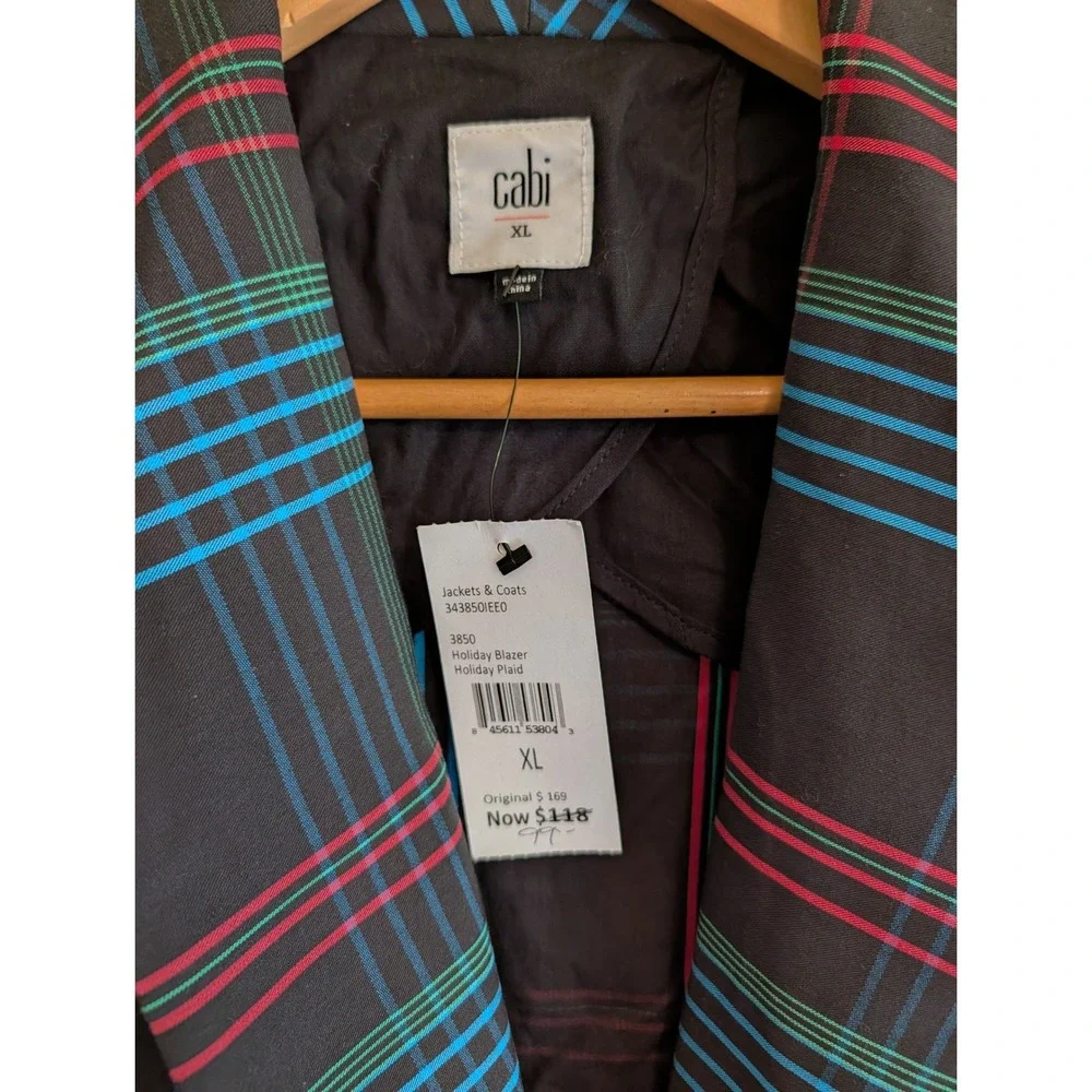 Cabi Holiday Blazer XL Womens Black Plaid Single Button Cotton Jacket 3850 NWT